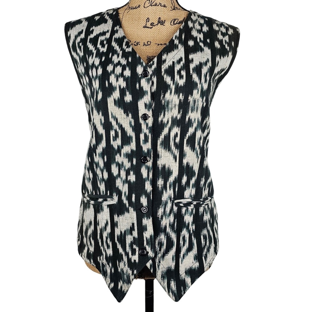 Scarlett Begonia Womens Large Black White Ikat Cotton Button Cinch Back Vest